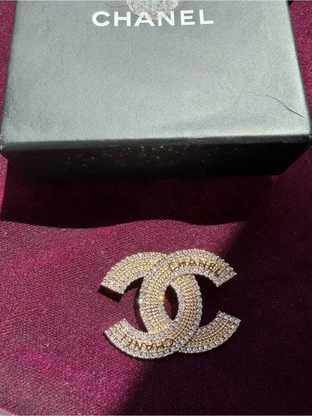 CHANEL Gold Crystal Double C Brooch
